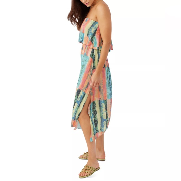 O'Neill Koia Multi Colored Tropical Strapless Off The Shoulder Midi Slit Dress - Picture 2 of 13
